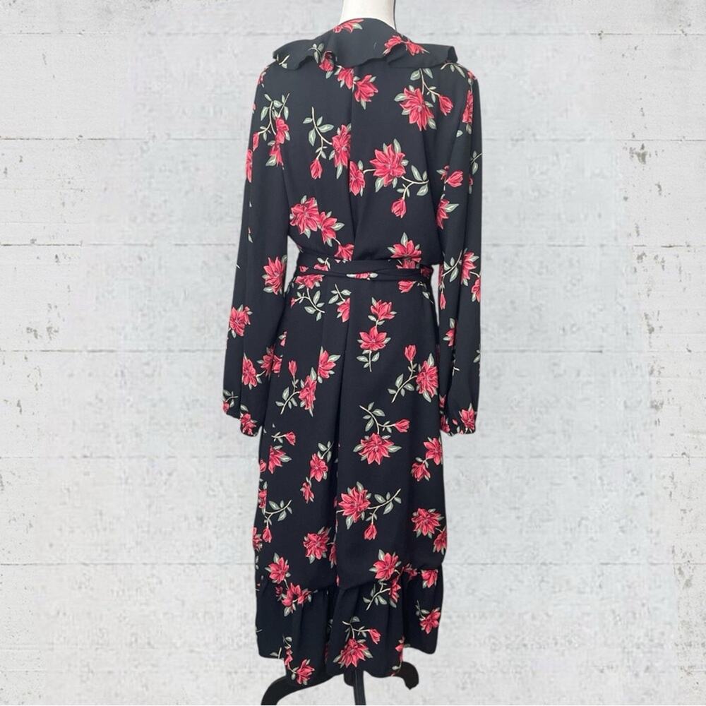 Draper James Black Floral Long Sleeve Ruffle Midi Wrap Dress Size XL Feminine - Picture 7 of 13